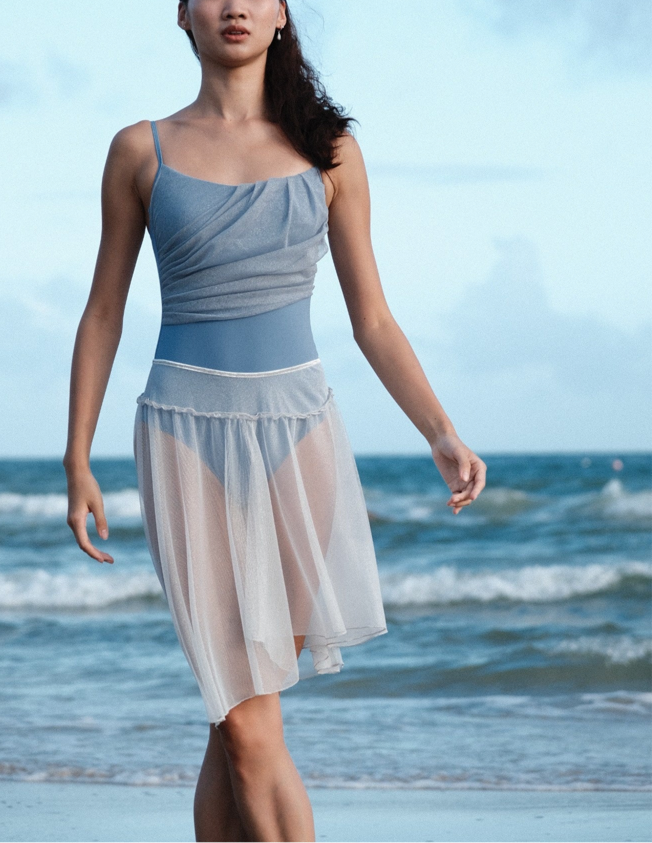 「No.5」Mesh Draped Camisole Waves Blue Leotard features shimmering premium draped mesh design