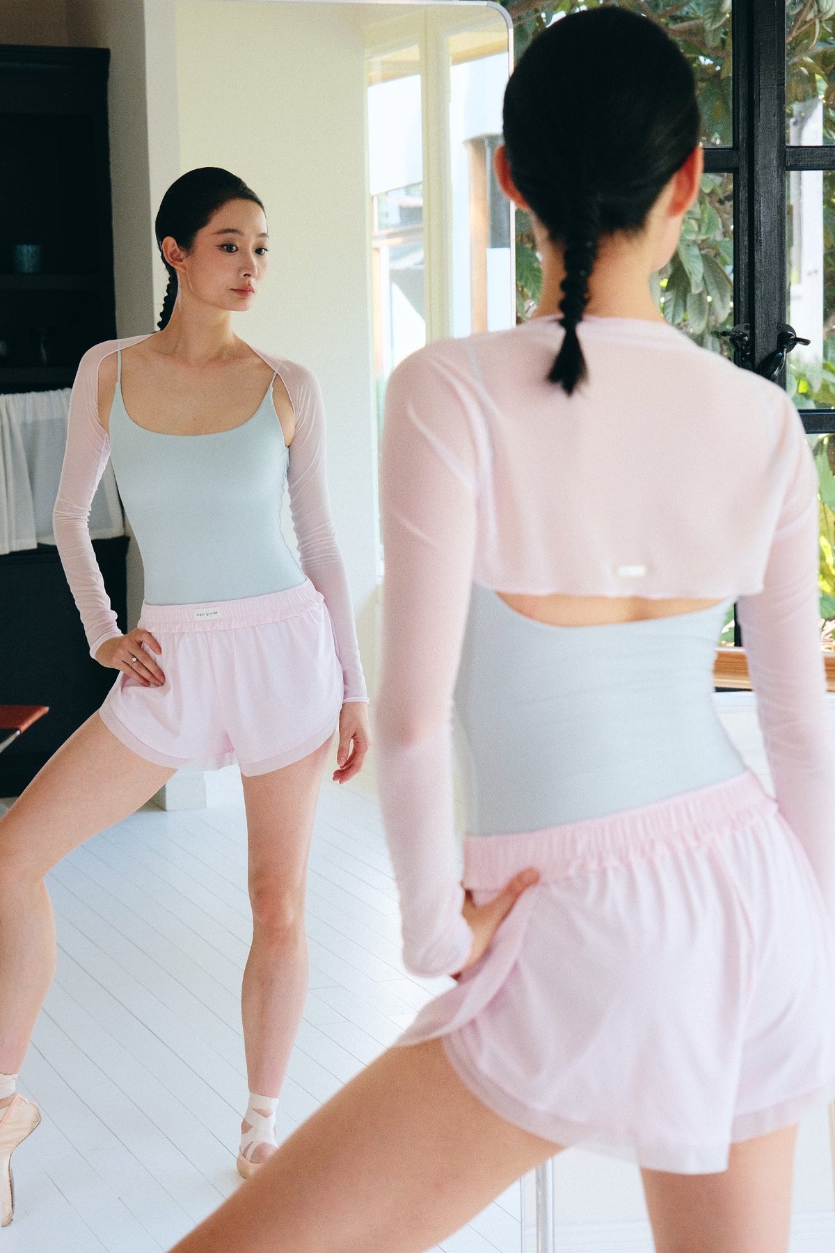 Bloom Overlap Dance Shorts in dewy pink  matching with light blue leotard and matching shrug for a refreshing spring/summer look