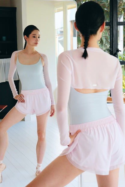Bloom Overlap Dance Shorts in dewy pink  matching with light blue leotard and matching shrug for a refreshing spring/summer look