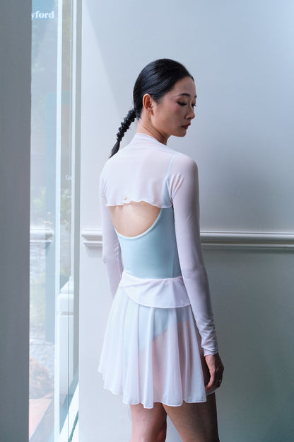 Dawn Pink Ultra-Stretch Ballet Mesh Shrug offers gentle coverage for arms and neck while adding a touch of spring/summer color to the look