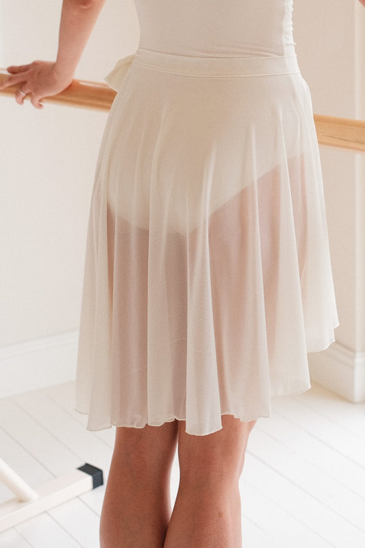 Dawn White Autumn Haze Midi Ballet Skirt in soft warm white color, perfect for everyday ballet practice/rehearsals