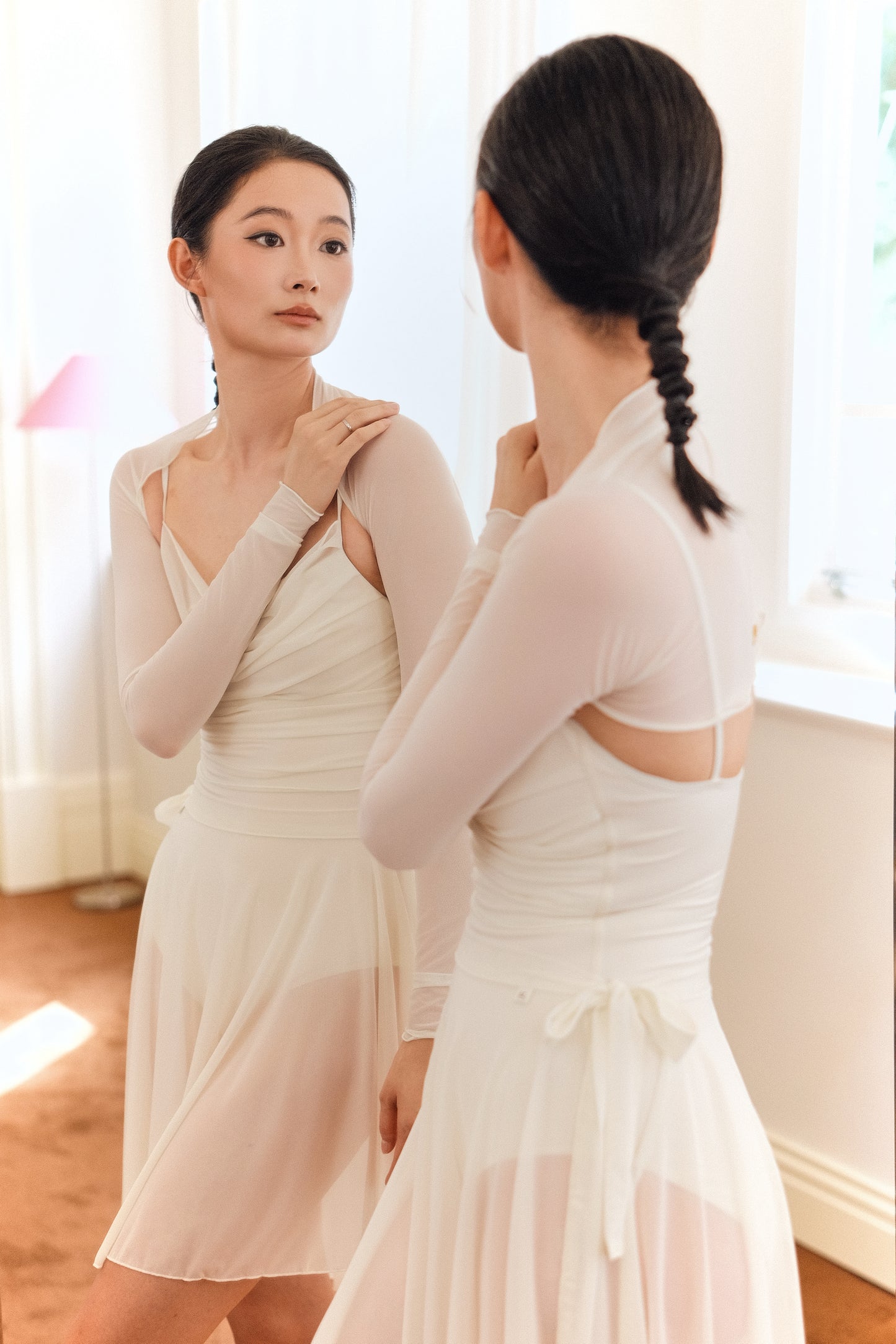 Dawn White Ultra-Stretch Ballet Mesh Shrug in soft warm white color, pairing well with different outfits