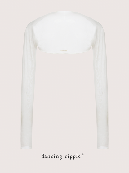 Dawn White Ultra-Stretch Ballet Mesh Shrug photo details that shows the back design