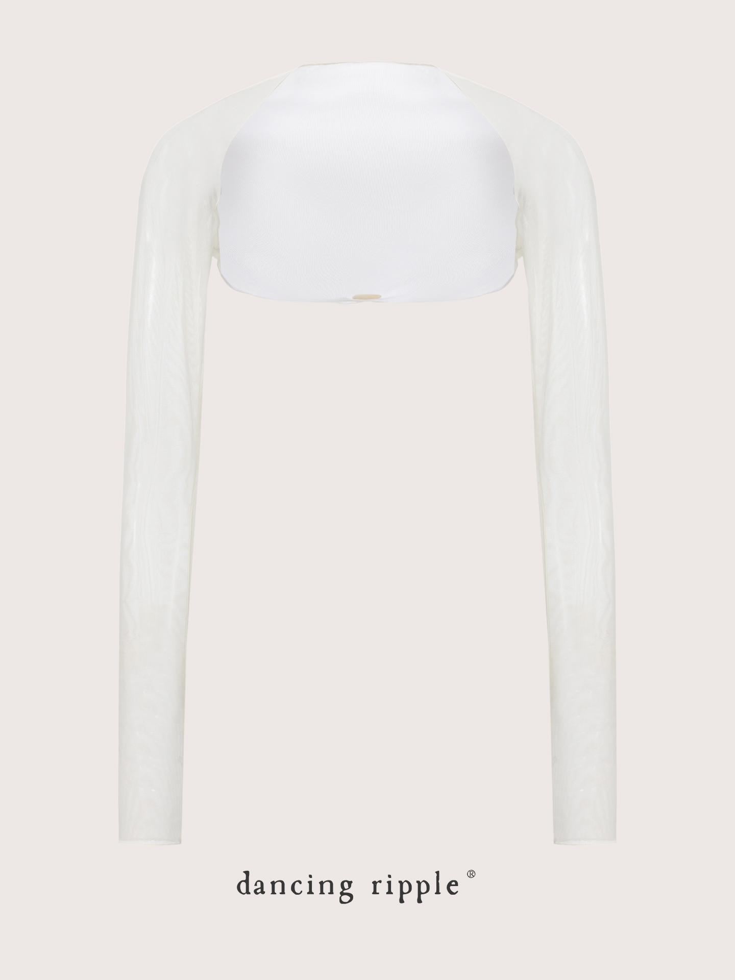 Dawn White Ultra-Stretch Ballet Mesh Shrug photo detail that shows the front design