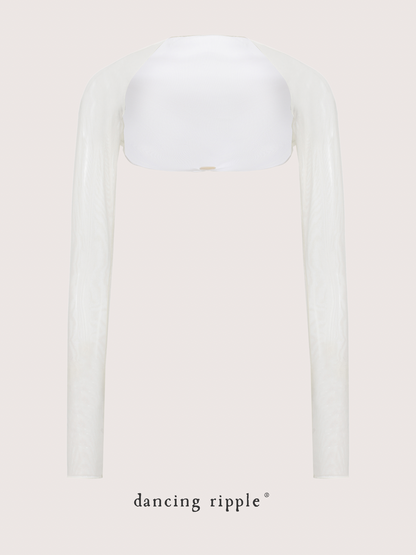 Dawn White Ultra-Stretch Ballet Mesh Shrug photo detail that shows the front design