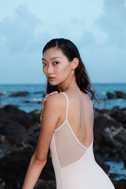 「No.4」V-Neck Mesh Leotard Blush Sand back look. The mesh part of leotard provides extra breathability and modern design to this piece
