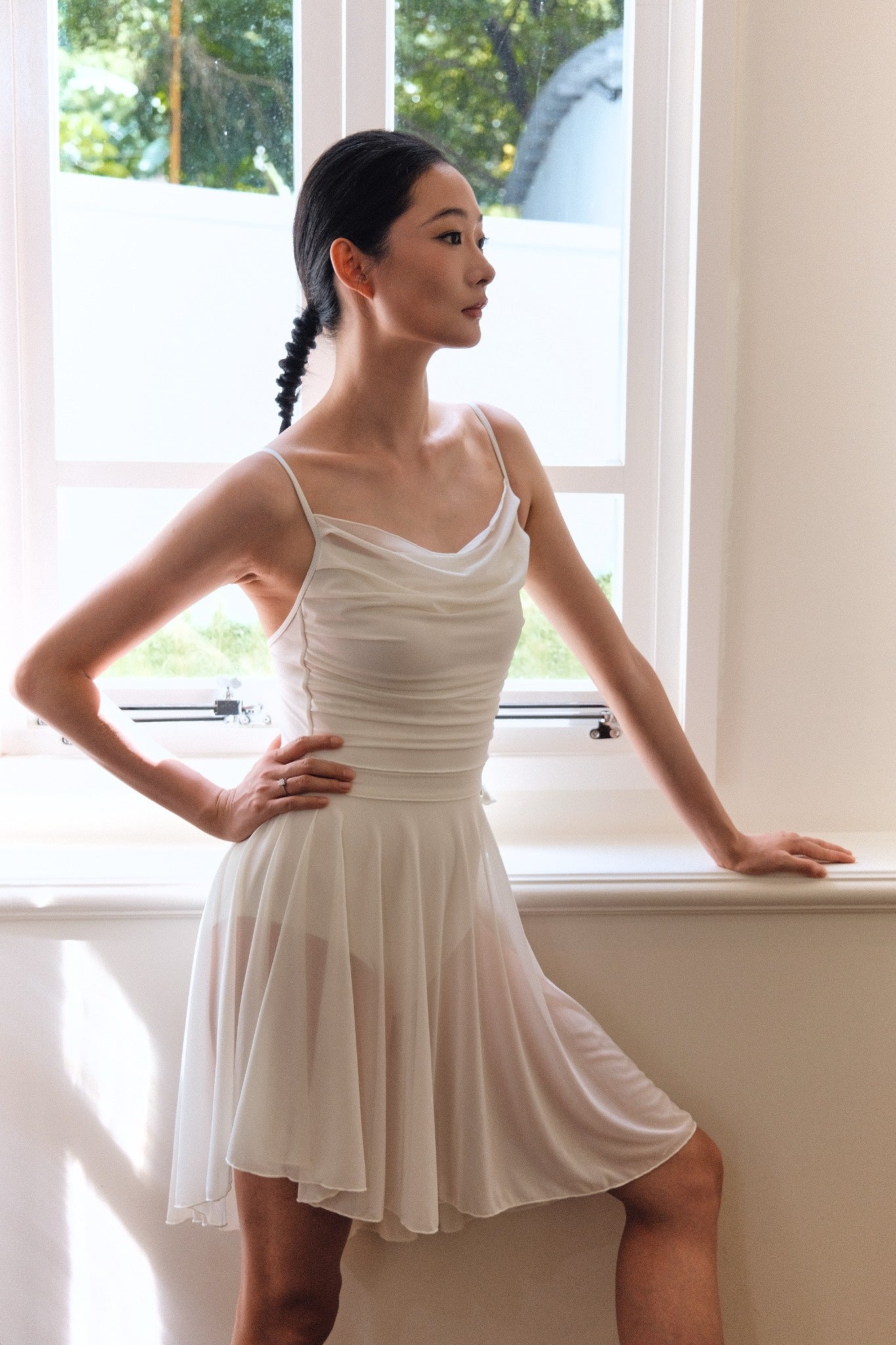 「No.6」Mesh Draped Camisole Leotard - Cloud Dancer features a dreamy draped neckline, creating an elegant look for dancers