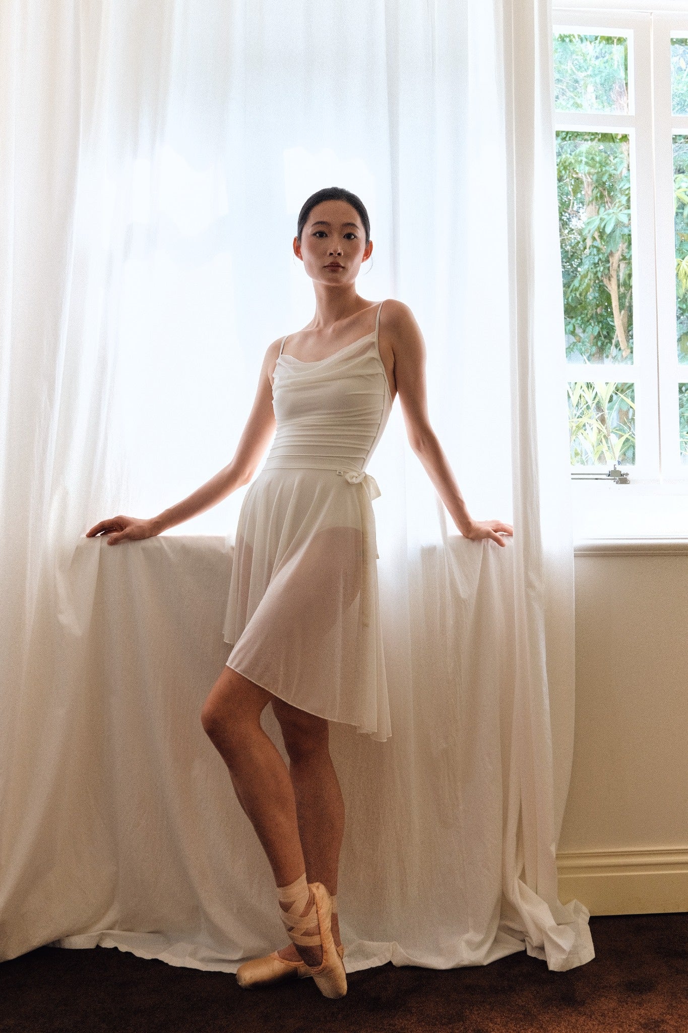 「No.6」Mesh Draped Camisole Leotard - Cloud Dancer is made with environmental-friendly materials 