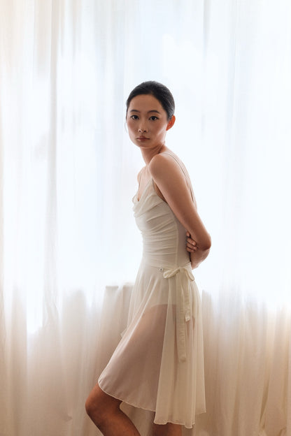 「No.6」Mesh Draped Camisole Leotard - Cloud Dancer features a draped mesh design at the front to create a gentle and soft look