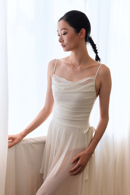 「No.6」Mesh Draped Camisole Leotard - Cloud Dancer is paired with our dawn white autumn haze skirt for an ultimate graceful look
