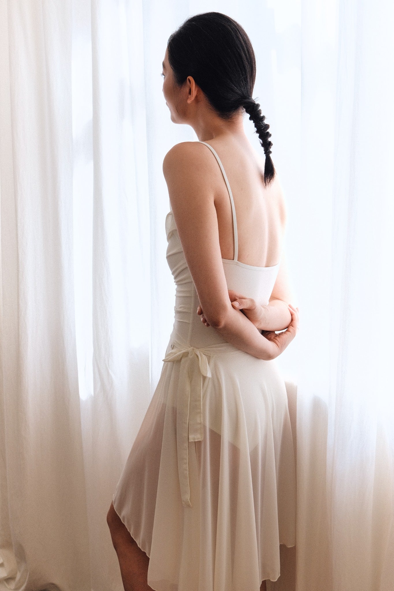 「No.6」Mesh Draped Camisole Leotard - Cloud Dancer features a simple and classic square neck back design. 