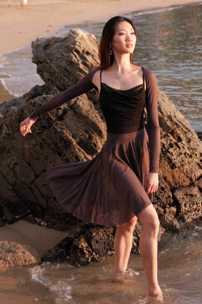 Ballet dancer wears「No.6」Mesh Draped Camisole Leotard - Moon Edition with spaghetti straps and scoop neckline