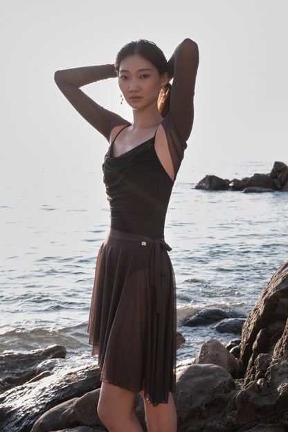 Ballet dancer in 「No.6」Mesh Draped Camisole Leotard - Moon Edition, pairing it with the autumn haze midi ballet skirt for an elegant and timeless look