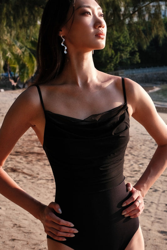 Ballet Dancer in「No.6」Mesh Draped Camisole Leotard in color mightnight black