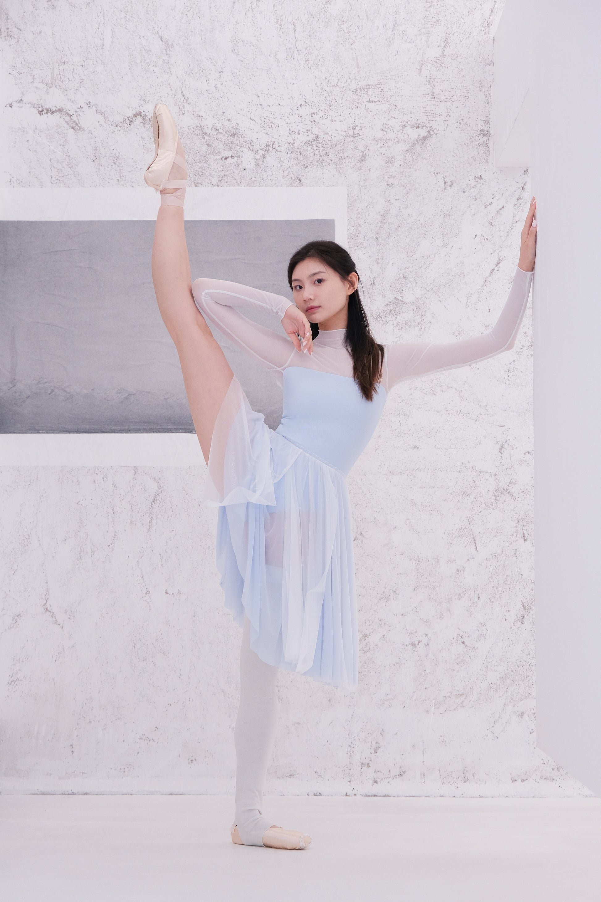 「No.9」Mock Neck Mesh Long Sleeve Leotard features delicate sheer mesh panel to create a refined, structured look.