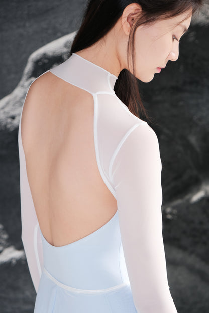 「No.9」Mock Neck Mesh Long Sleeve Leotard is made with environmental-friendly and sustainable fabrics