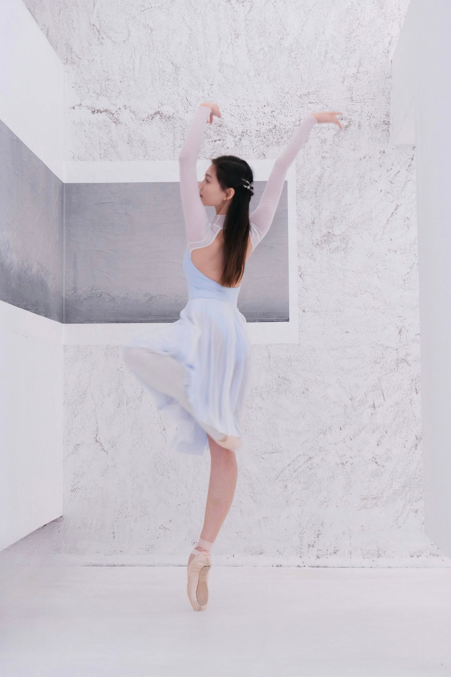「No.9」Mock Neck Mesh Long Sleeve Leotard features fine, soft stitching at the collar and cuffs enhances comfort.