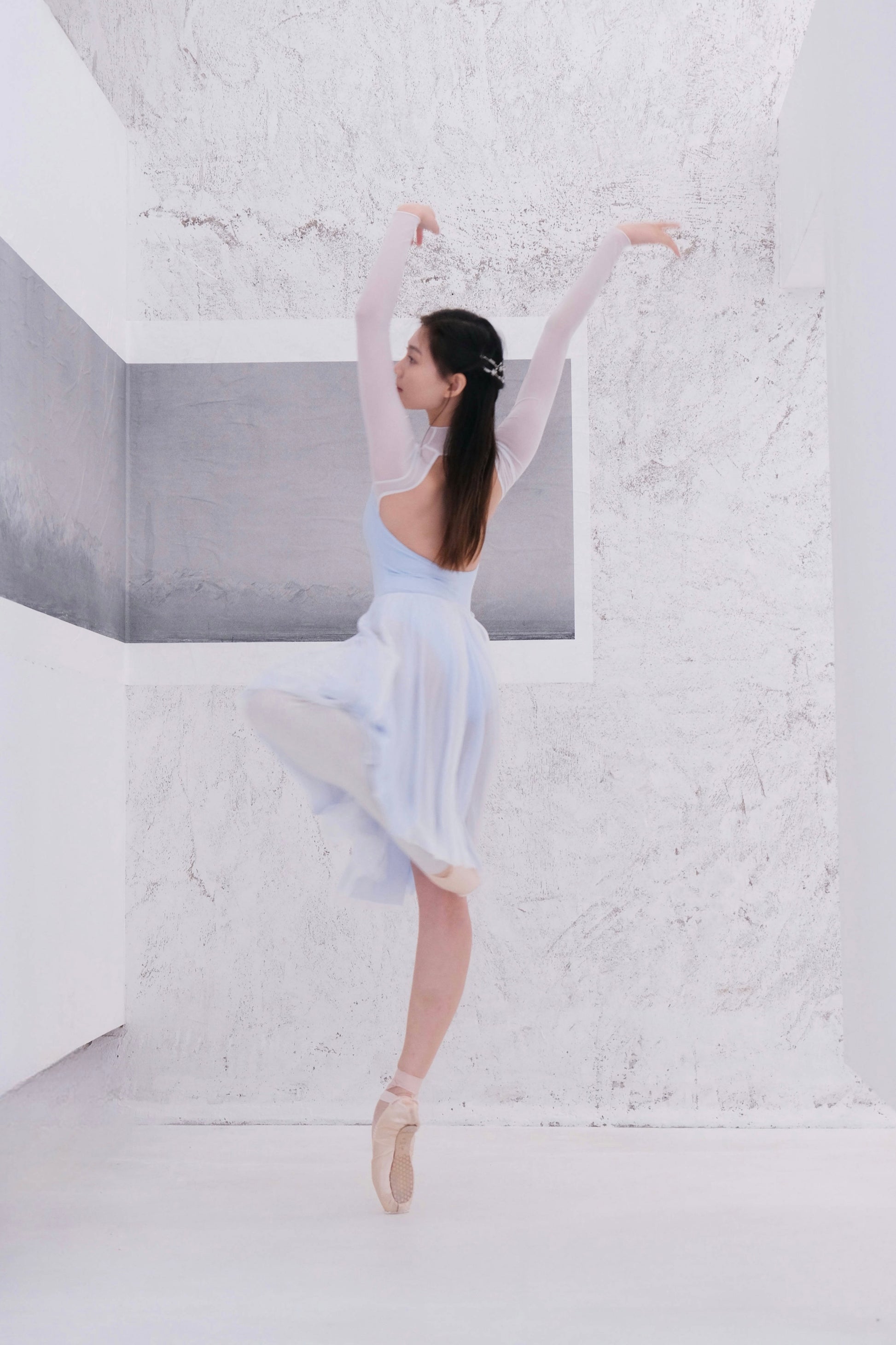 「No.9」Mock Neck Mesh Long Sleeve Leotard features fine, soft stitching at the collar and cuffs enhances comfort.