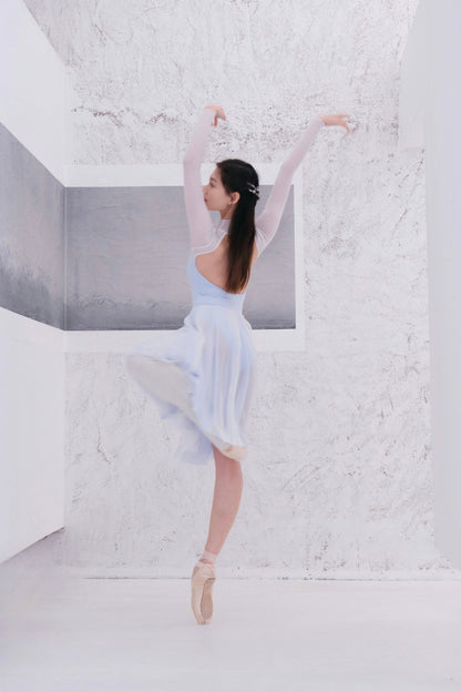 「No.9」Mock Neck Mesh Long Sleeve Leotard features fine, soft stitching at the collar and cuffs enhances comfort.
