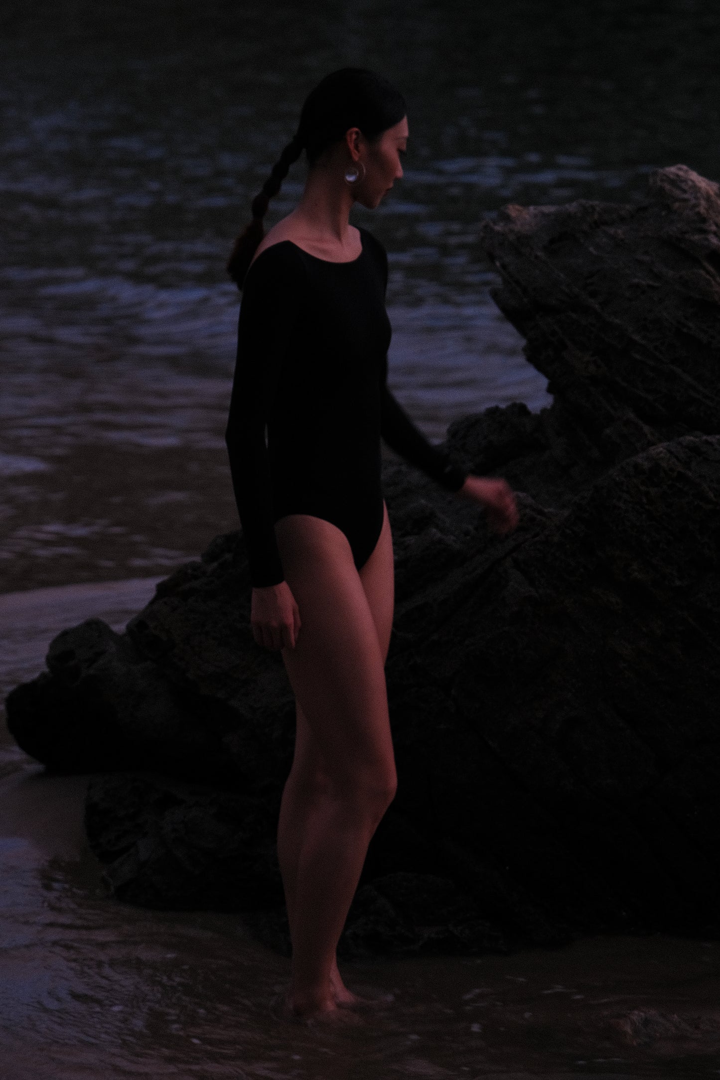 The New Moon Wide Boatneck Long Sleeve Leotard is in midnight black color for a modern look