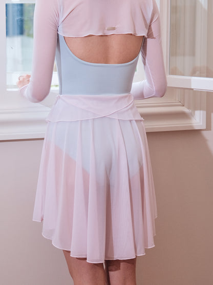 Twin-petal Skirt midi is light pink, sheer and lightweight with fluid drape and soft sheen
