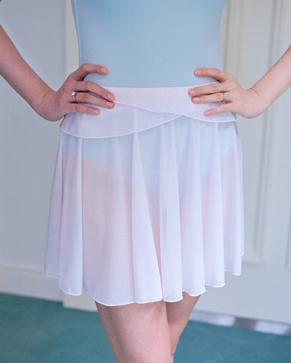 Twin-Petal ballet skirt mini in peach-blossom pink with a 360-degree flared hem