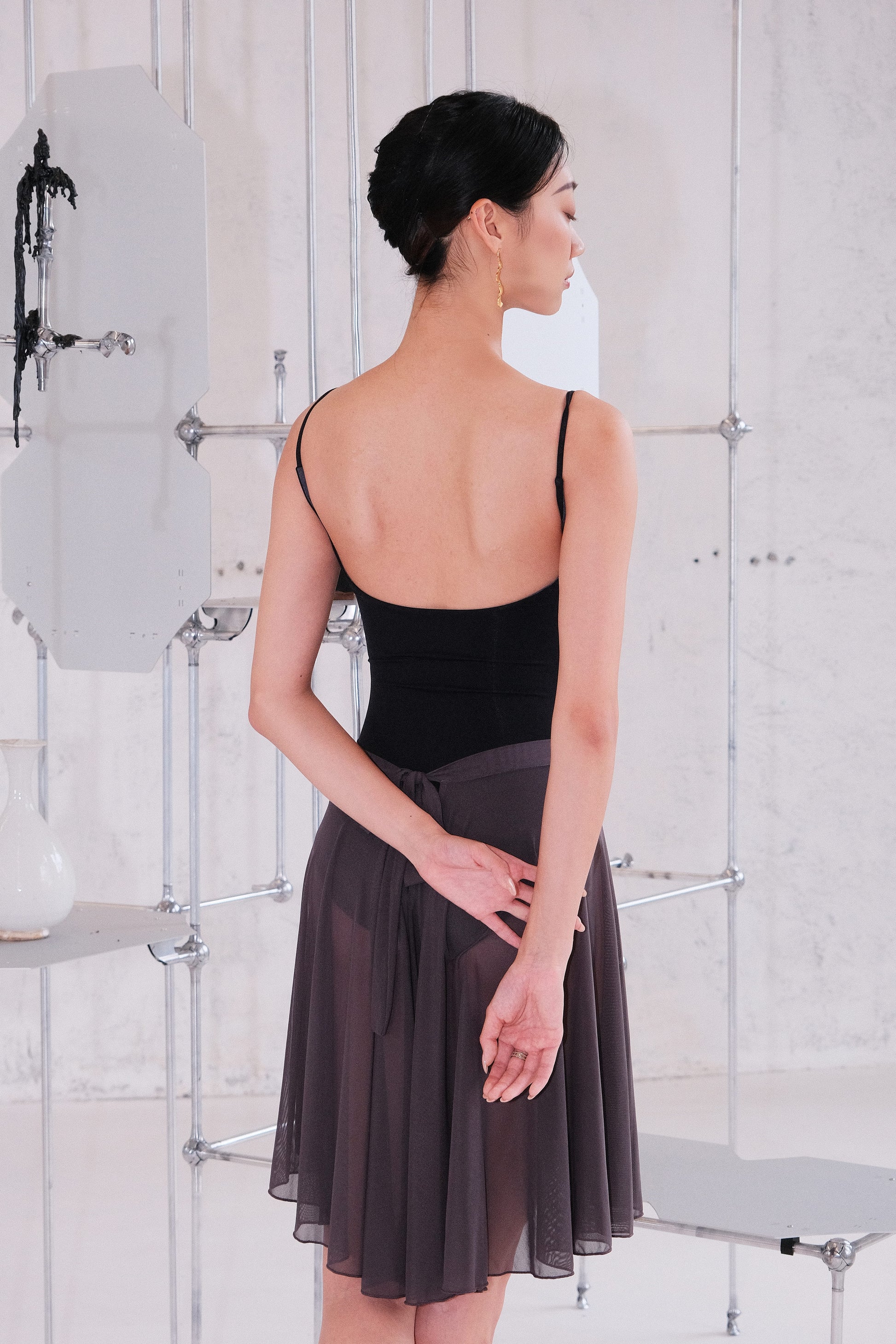 「No.1」Square Neck Camisole Leotard in Moon Edition features spaghetti straps and mid-low back design. 