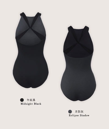 「No.8」Halter Neck Cutaway Shoulder Leotard in Moon Edition color details. It is in Midnight black and eclipse shadow (gray) color.